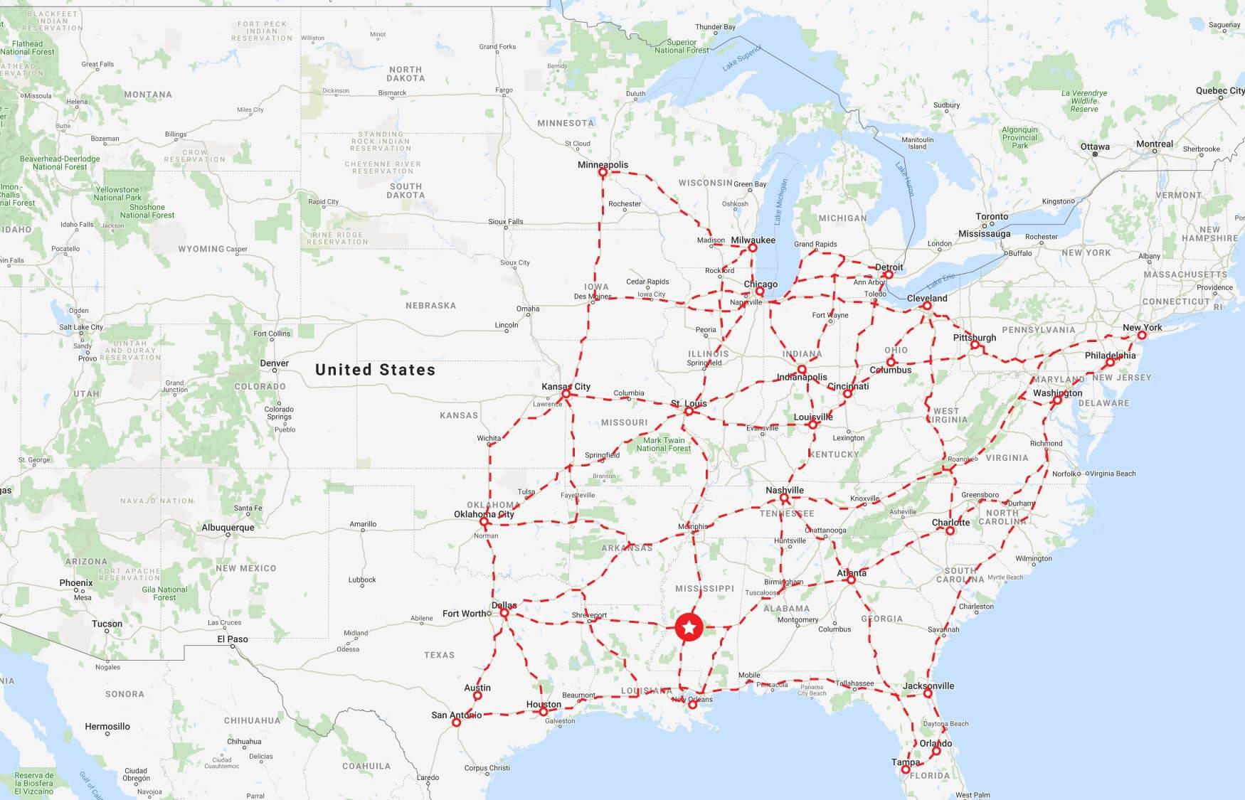 A map of the southeastern United States showing many cities and routes within Jordan's coverage area.